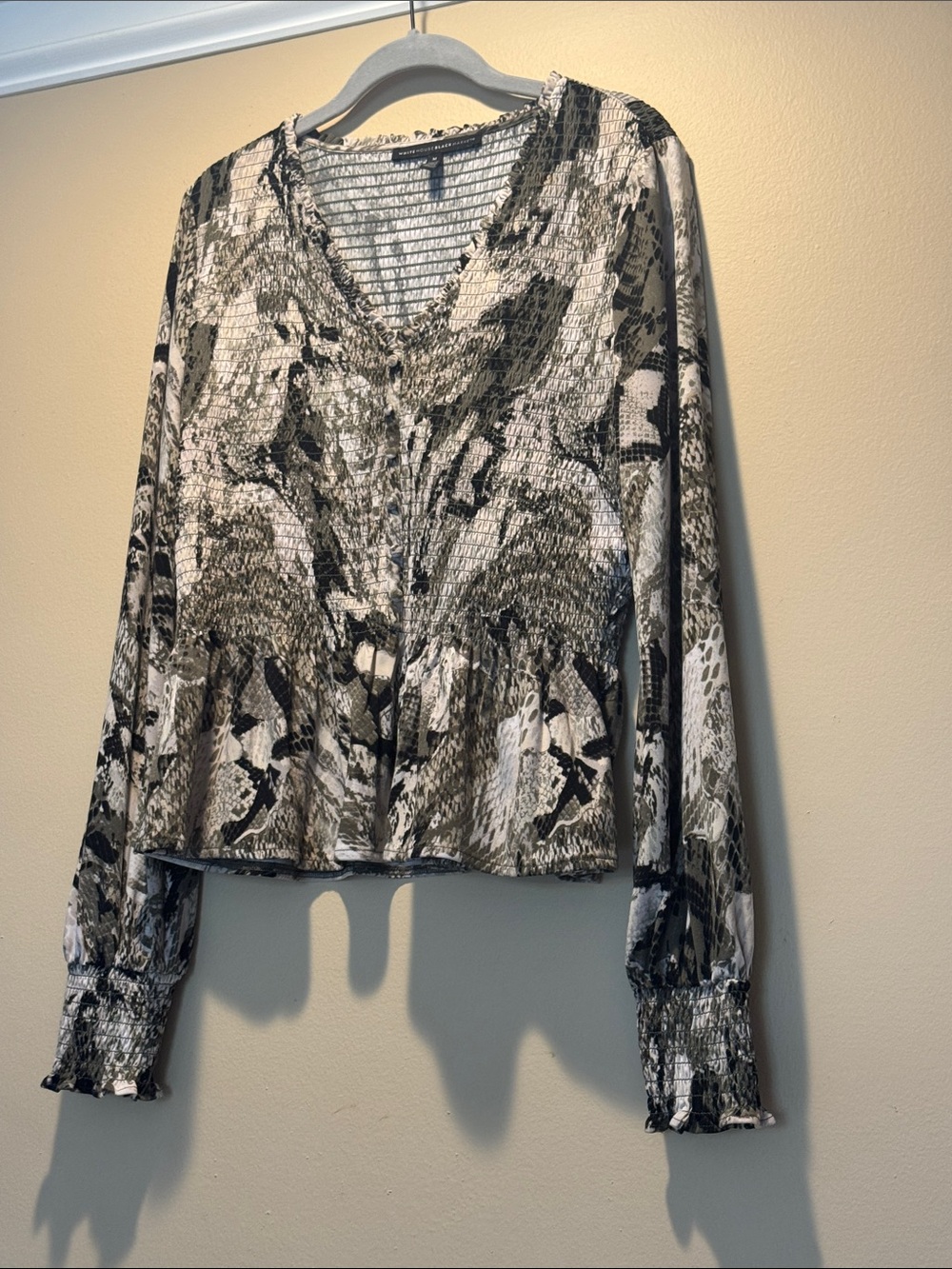 White House Black Market Black & Cream Snake Print Smocked V-Neck Blouse